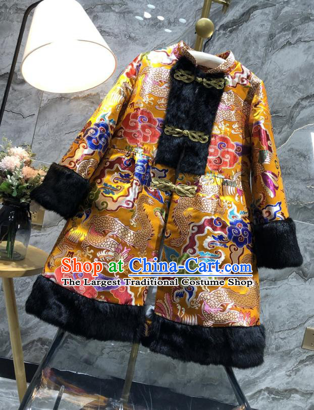 China Woman Classical Dragon Pattern Golden Brocade Jacket Traditional Tang Suit Cotton Padded Coat