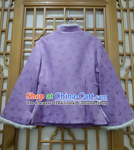 China Woman Classical Butterfly Pattern Lilac Brocade Jacket Traditional Tang Suit Winter Cotton Padded Coat