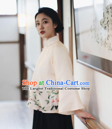 China Classical Printing Camellia Beige Organza Shirt Cheongsam Upper Outer Garment Tang Suit Blouse