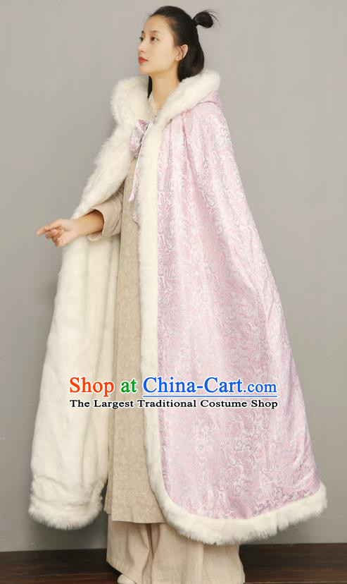 Chinese National Women Pink Silk Cape Ancient Princess Cotton Wadded Cloak Traditional Winter Costume