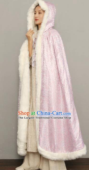 Chinese National Women Pink Silk Cape Ancient Princess Cotton Wadded Cloak Traditional Winter Costume