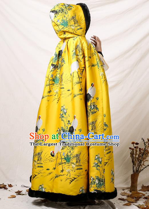 China Classical Winter Costume Traditional Tang Suit Yellow Silk Long Cloak