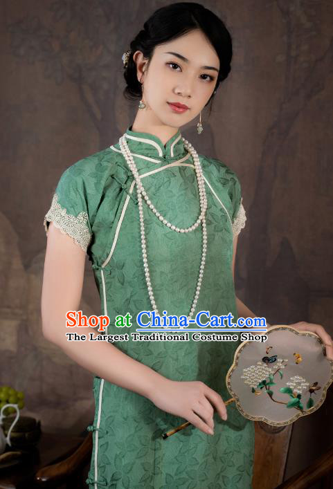 China National Young Lady Short Sleeve Qipao Dress Clothing Traditional Green Silk Slim Cheongsam