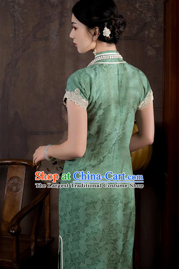 China National Young Lady Short Sleeve Qipao Dress Clothing Traditional Green Silk Slim Cheongsam