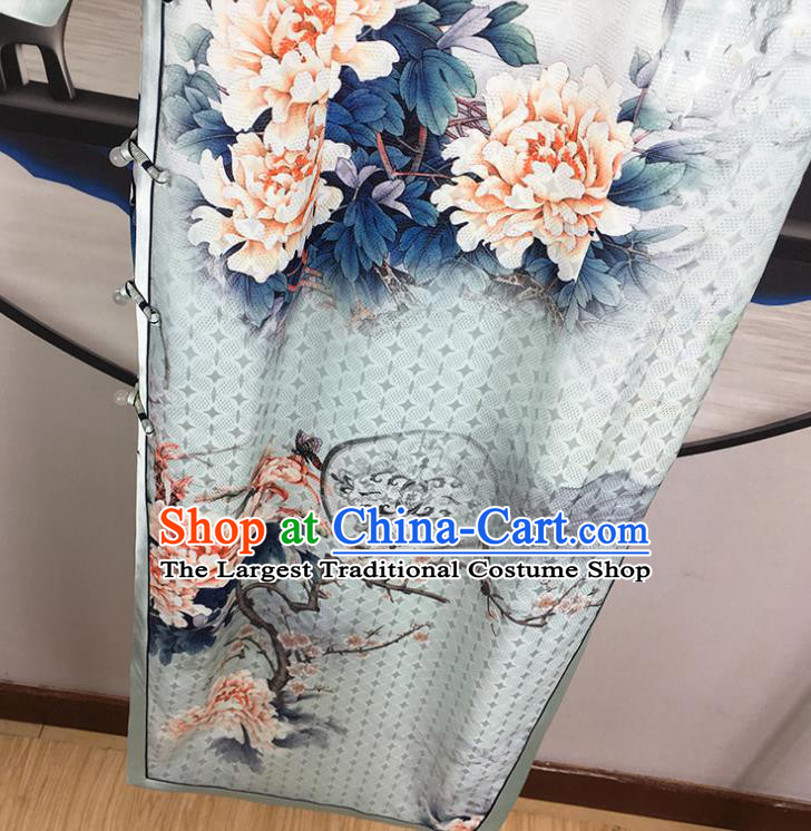 China Traditional Cultural Dance Cheongsam Shanghai Young Lady Clothing National Printing Peony Blue Silk Qipao Dress