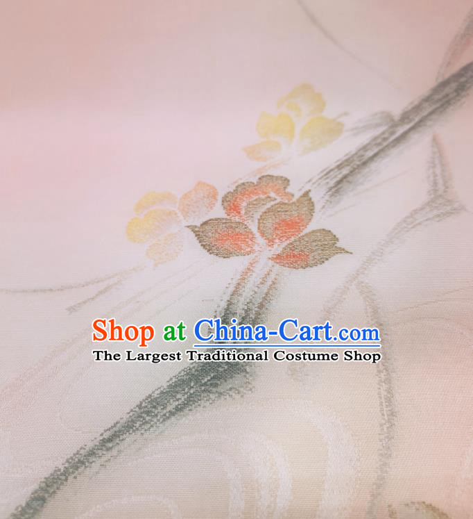 Asian Japanese Yukata Pink Silk Fabric Japan Traditional Kimono Ink Painting Flower Brocade Material