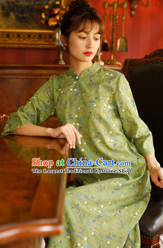 Chinese Zen Clothing Traditional Young Lady Cheongsam National Green Flax Qipao Dress