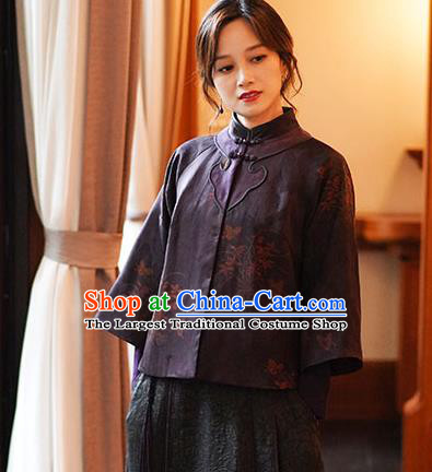 China Classical Orchids Pattern Purple Silk Jacket Tang Suit Overcoat National Women Clothing