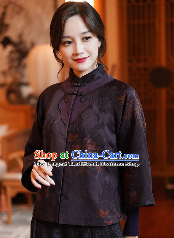 China Classical Orchids Pattern Purple Silk Jacket Tang Suit Overcoat National Women Clothing