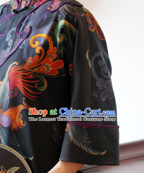 China National Young Women Gambiered Guangdong Gauze Long Qipao Dress Classical Phoenix Pattern Black Silk Cheongsam