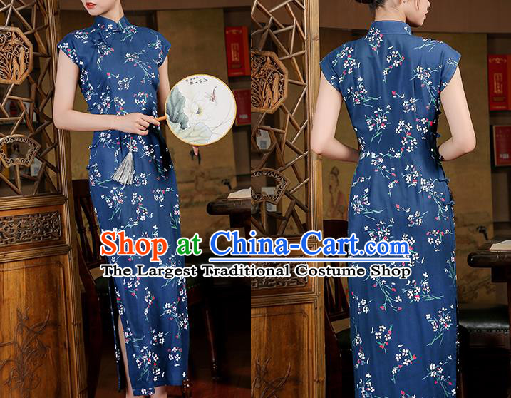 Chinese Classical Dance Qipao Dress National Young Lady Costume Traditional Printing Navy Cheongsam