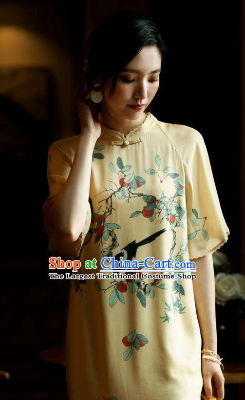 China Young Woman Modern Dance Cheongsam Costume Traditional Printing Yellow Silk Qipao Dress