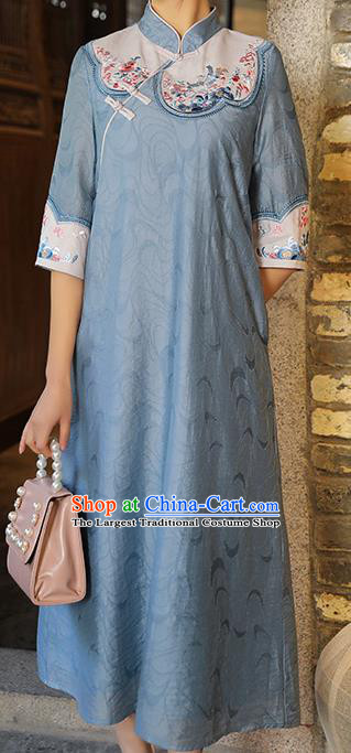 China Traditional Tang Suit Blue Tencel Qipao Dress Classical Embroidered Cheongsam