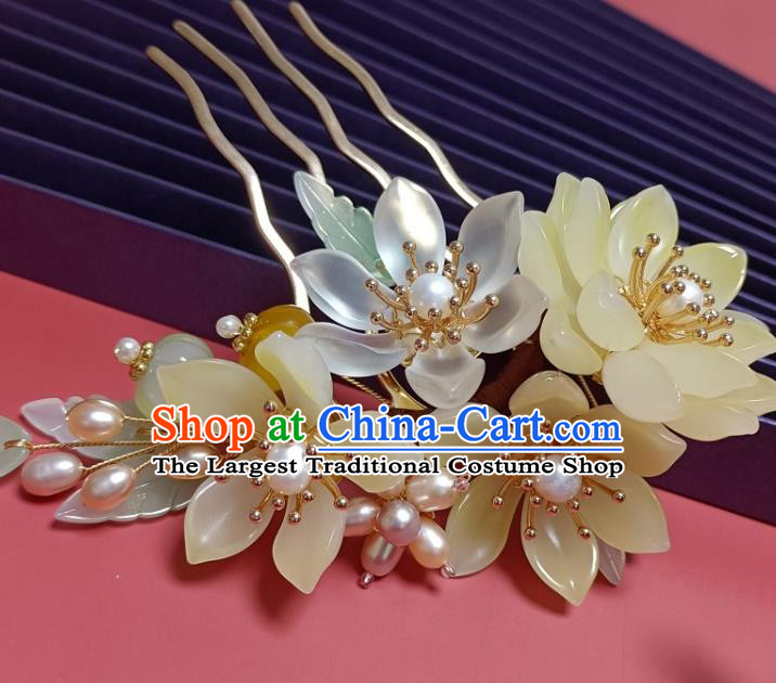 Chinese Ancient Court Lady Yellow Flowers Hairpin Hanfu Hair Accessories Traditional Ming Dynasty Princess Hair Comb