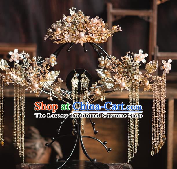 Chinese Classical Golden Tassel Phoenix Coronet Traditional Wedding Headdress Xiuhe Suit Bride Beads Hair Crown