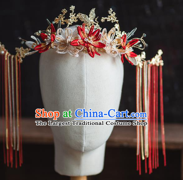 Chinese Classical Bride Beads Phoenix Coronet Traditional Wedding Headwear Xiuhe Suit Red Flowers Hair Crown