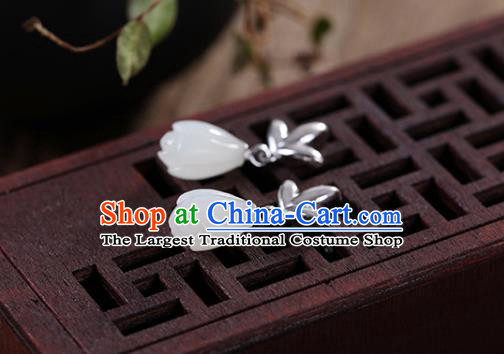 China Handmade Silver Earrings Traditional Cheongsam Jade Mangnolia Ear Accessories