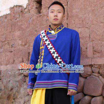 China Yi Nationality Male Blue Woolen Jacket Traditional Ethnic Upper Outer Garment