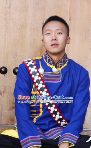 China Yi Nationality Male Blue Woolen Jacket Traditional Ethnic Upper Outer Garment