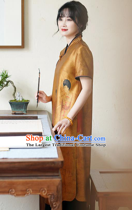 China National Printing Cheongsam Classical Beauty Pattern Ginger Silk Qipao DressChina National Printing Cheongsam Classical Beauty Pattern Ginger Silk Qipao Dress
