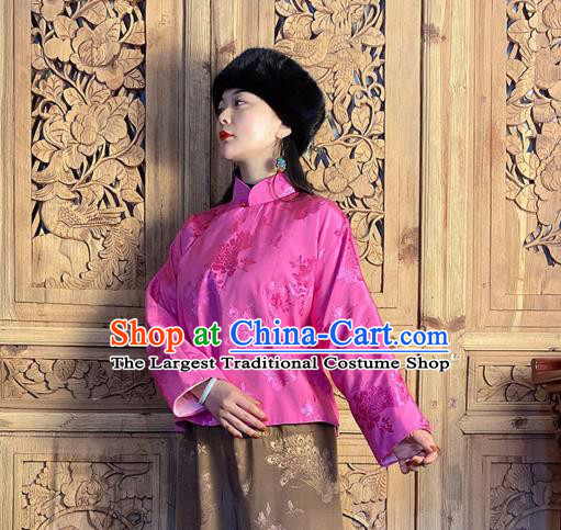 China National Women Slant Opening Cheongsam Shirt Classical Peony Butterfly Pattern Rosy Silk Blouse
