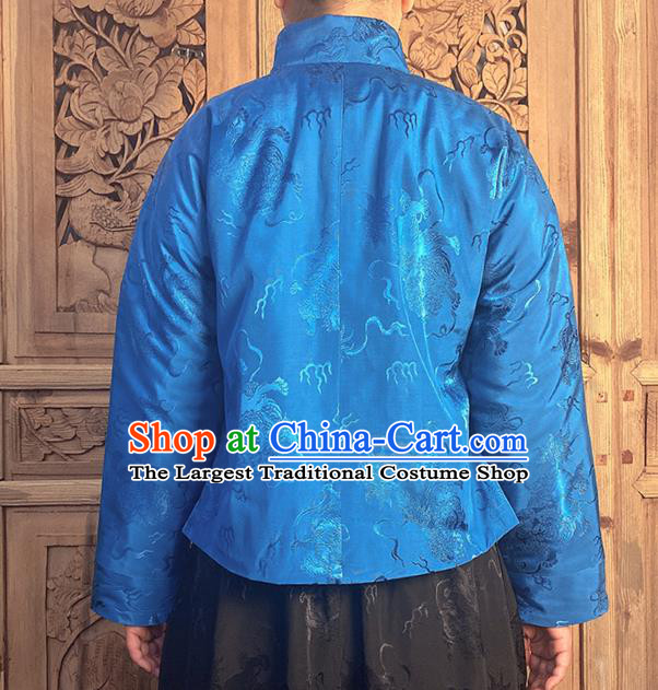 China National Cheongsam Shirt Upper Outer Garment Classical Lion Pattern Royalblue Silk Blouse