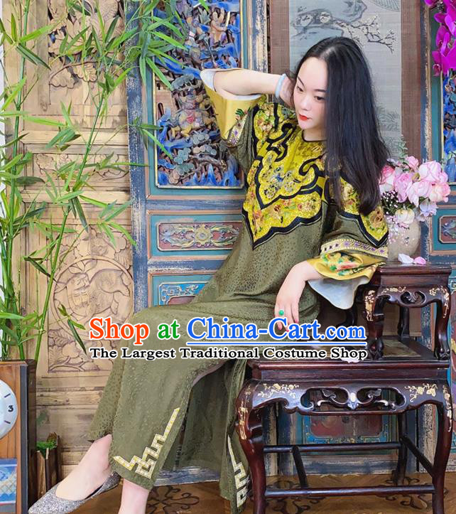 China Hand Embroidered Olive Green Silk Qipao Dress National Cheongsam Costume