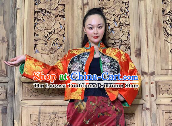 Chinese Traditional Embroidered Red Silk Jacket Tang Suit Outer Garment