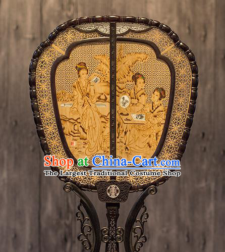 China Classical Beauty Pattern Palace Fan Handmade Hollow Rosewood Fan Traditional Carving Wood Fan