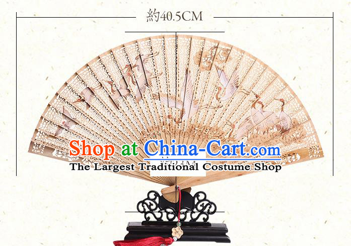 Chinese Hollow Sandalwood Accordion Handmade Fan Craft Classical Printing Cranes Folding Fan