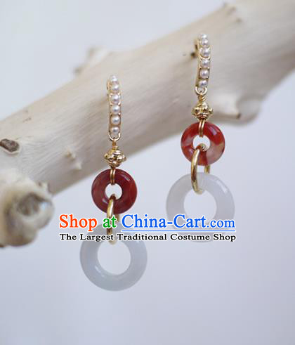 China Handmade Agate Earrings Traditional Cheongsam Jade Peace Buckle Ear Jewelry