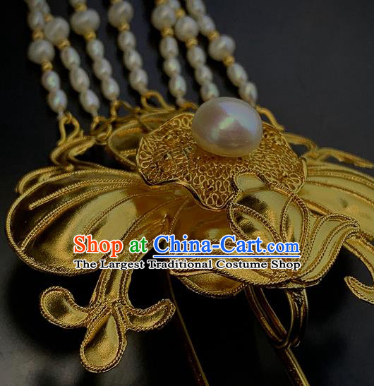 Chinese Ancient Empress Golden Lotus Leaf Hair Stick Traditional Ming Dynasty Pearls Tassel Hairpin