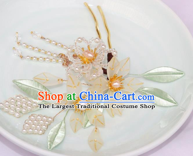 Chinese Ancient Court Woman Pear Blossom Hairpin Traditional Ming Dynasty Pearls Tassel Hair Stick