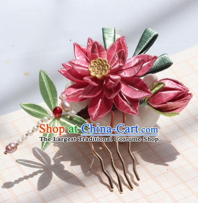 Chinese Handmade Pearls Dragonfly Hairpin Hair Accessories Ancient Palace Princess Pink Silk Lotus Hair Comb