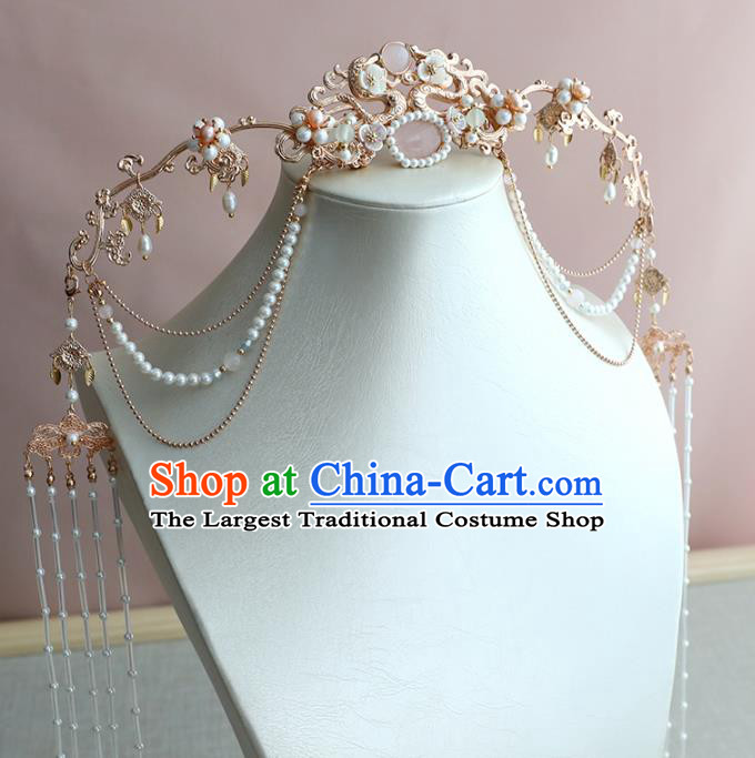 Chinese Ancient Noble Lady Golden Hairpin Traditional Ming Dynasty Princess Pearls Tassel Hair Crown