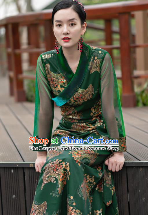 China Zang Nationality Noble Woman Clothing Traditional Xizang Minority Folk  Dance Green Tibetan Robe