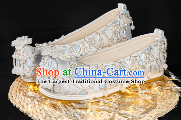China Traditional Ming Dynasty Hanfu Shoes Handmade Light Blue Satin Shoes Ancient Princess Beads Tassel Shoes