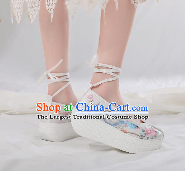 China Embroidered Peach Blossom Shoes Traditional Hanfu White Satin Shoes Handmade Platform Shoes