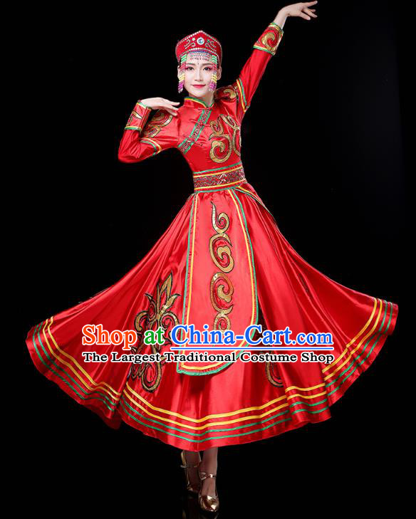 Chinese Mongol Ethnic Folk Dance Red Dress Traditional Mongolian Nationality Wedding Bride Costume