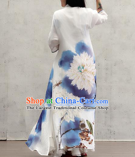 Chinese Traditional Ink Painting Lotus Qipao Dress Female Costume National Printing White Loose Cheongsam