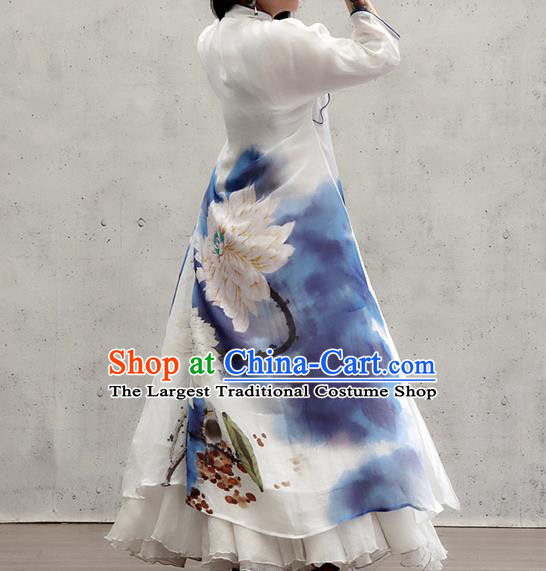 Chinese Traditional Ink Painting Lotus Qipao Dress Female Costume National Printing White Loose Cheongsam