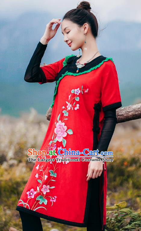 Chinese Traditional National Woman Costume Tang Suit Embroidered Red Long Shirt