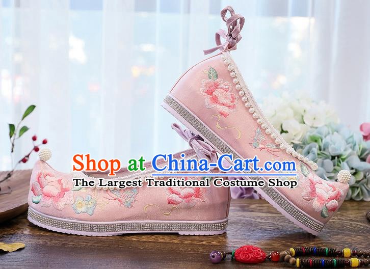 China National Embroidered Peony Shoes Handmade Pink Satin Shoes Traditional Hanfu Pearls Shoes