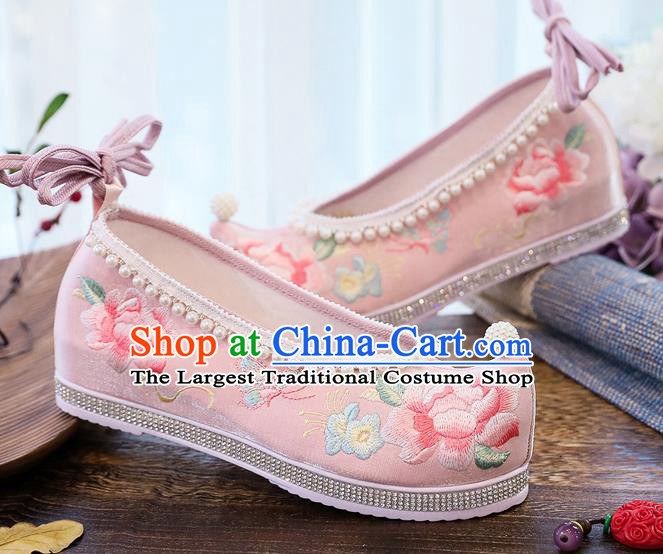 China National Embroidered Peony Shoes Handmade Pink Satin Shoes Traditional Hanfu Pearls Shoes