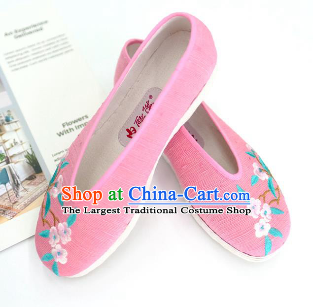 China Handmade National Shoes Embroidered Plum Pink Cloth Shoes Traditional Folk Dance Shoes