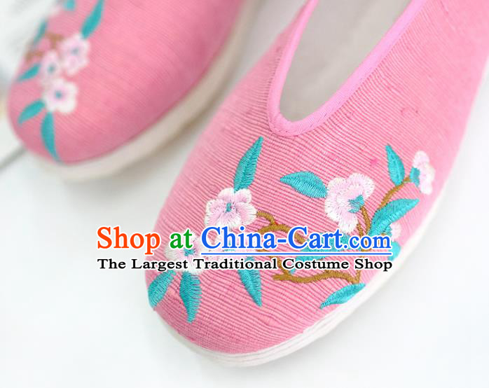 China Handmade National Shoes Embroidered Plum Pink Cloth Shoes Traditional Folk Dance Shoes