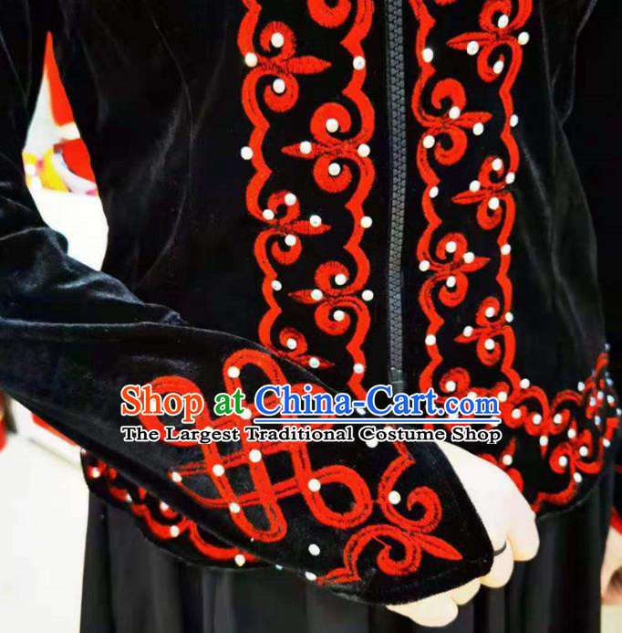 China Ethnic Woman Clothing Xinjiang Performance Black Velvet Blouse Traditional Uygur Nationality Dance Shirt