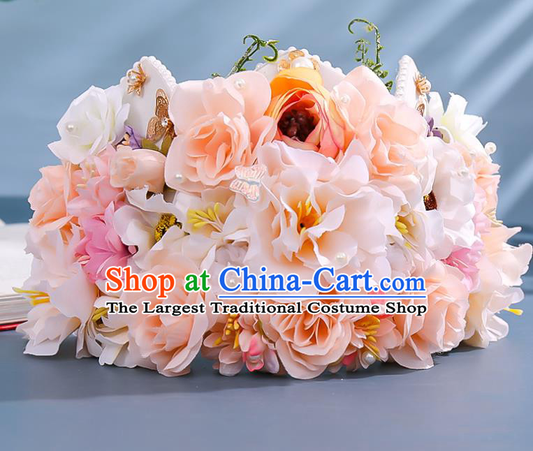 Chinese Ancient Imperial Consort Hair Accessories Traditional Song Dynasty Court Pink Silk Flowers Hair Crown