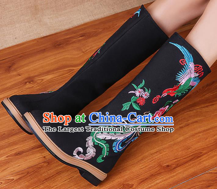 China National Winter Black Boots Traditional Embroidered Phoenix Peony Shoes