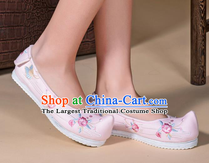Chinese Traditional Ming Dynasty Hanfu Shoes Handmade Embroidered Pink Cloth Shoes Ancient Princess Shoes